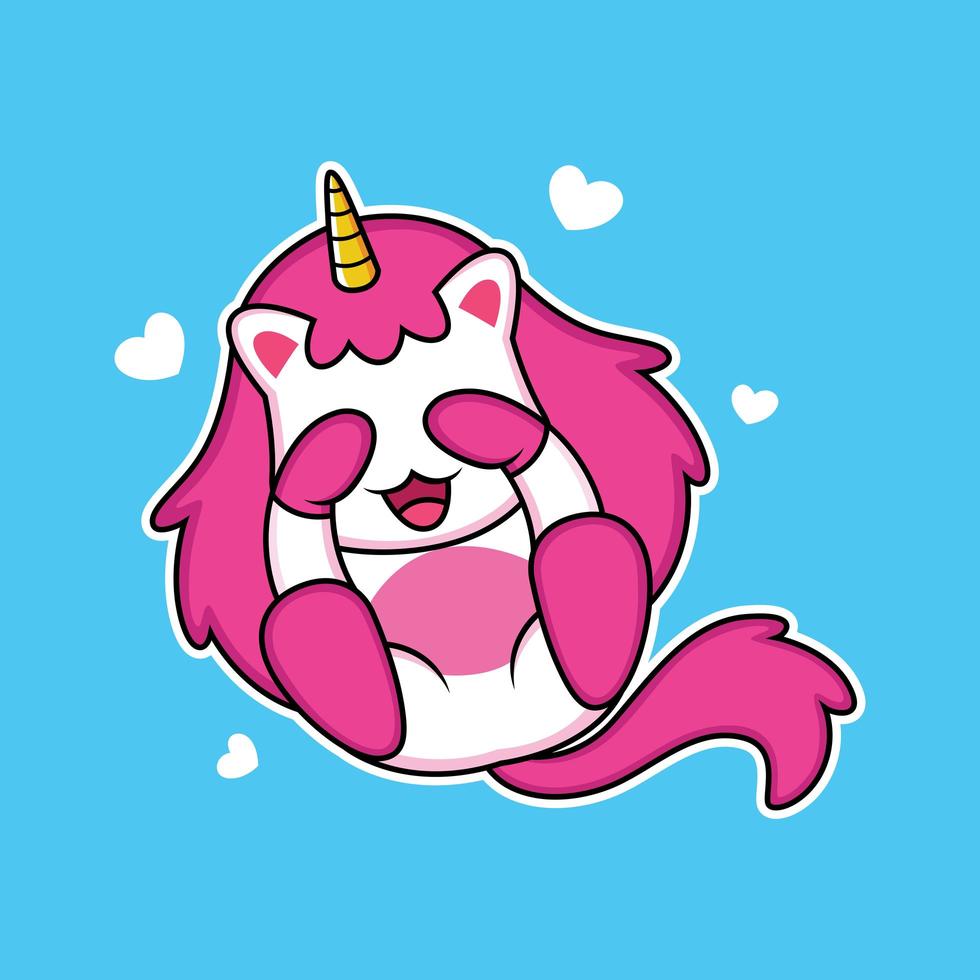Cute Unicorn with Shy Expression and Hearts. Vector Illustration.