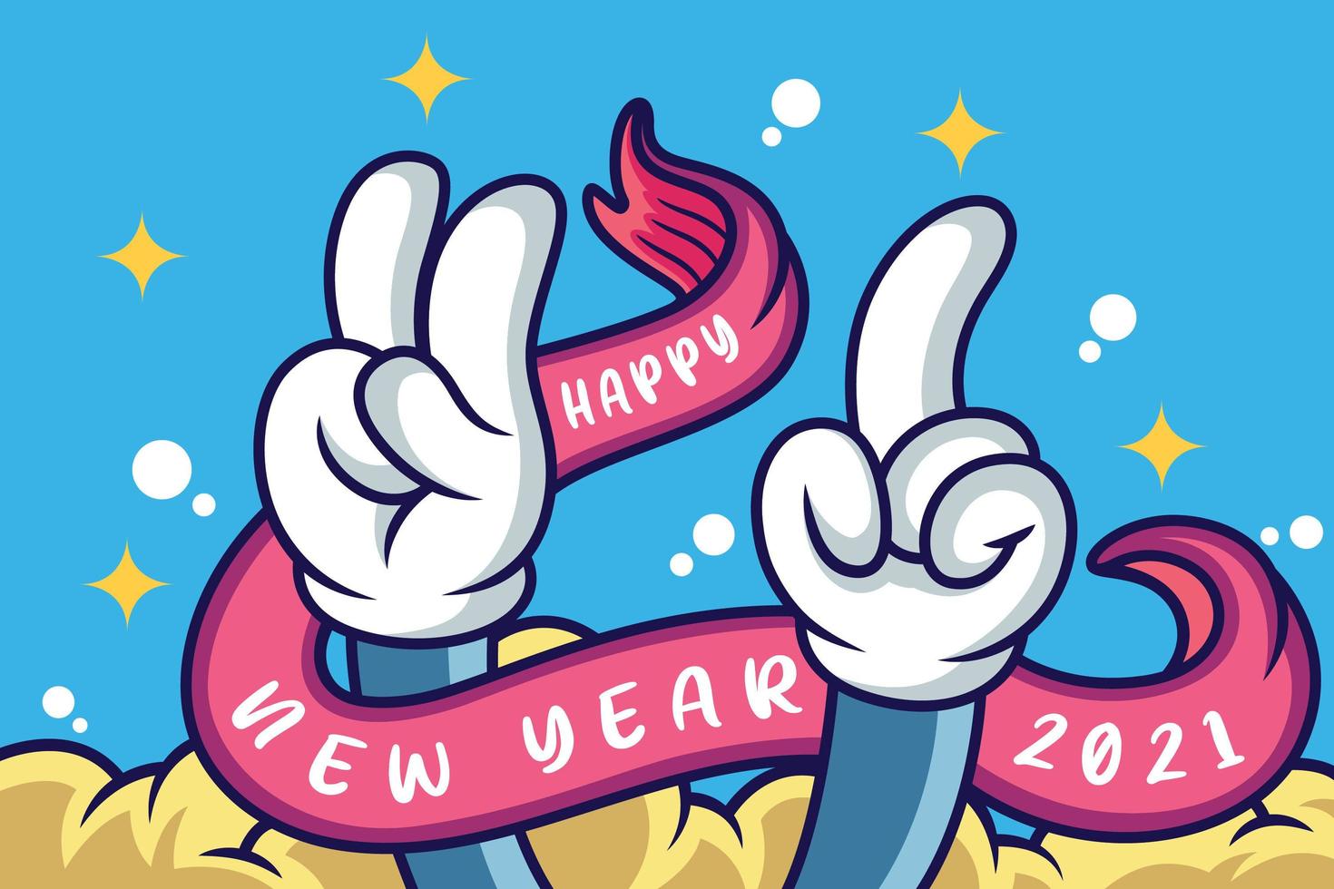 Hand symbol of new 2021 year and text design. Holiday vector illustration. Isolated on blue background.