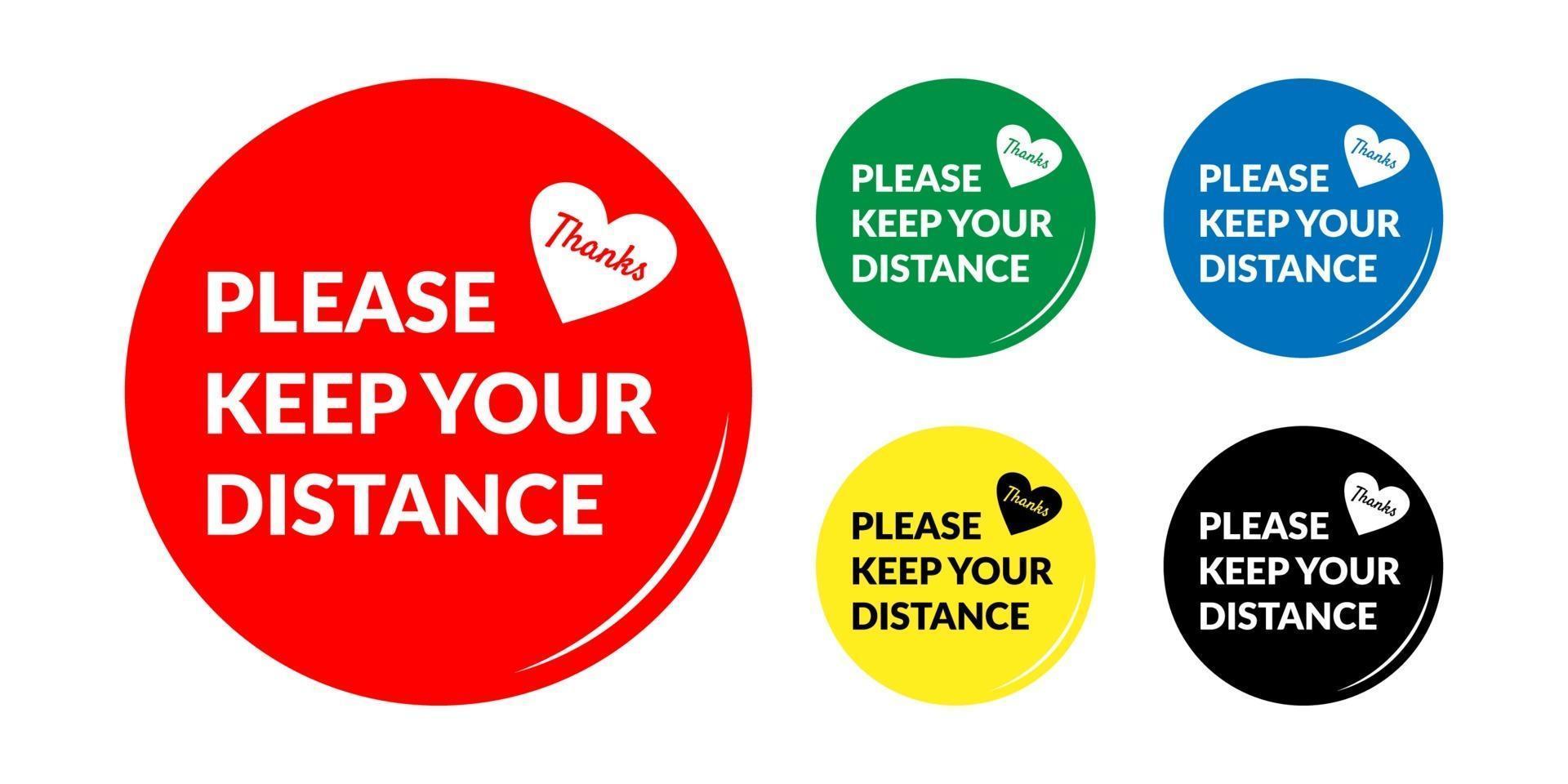 PrintSet of Please Keep Your Distance Round Social Distancing Badge or Floor Marking Sticker Icon For Queue Line. vector