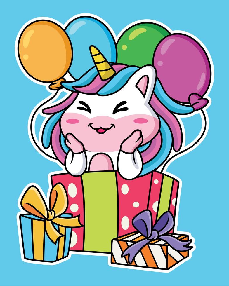 Cartoon unicorn party with balloons and gifts vector