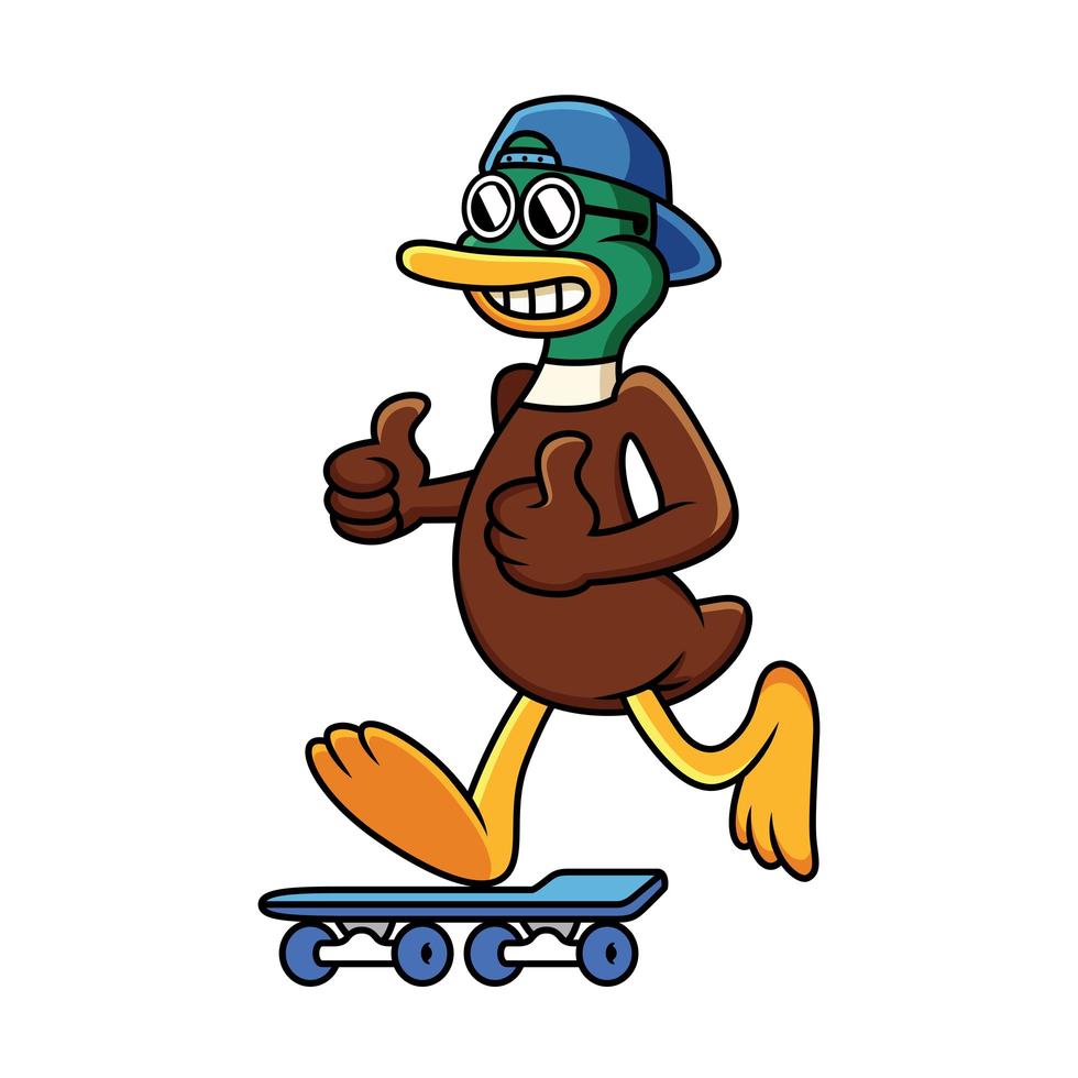 pato fresco con patineta con pose divertida. Ilustración de dibujos animados de animales aislado en fondo blanco. vector