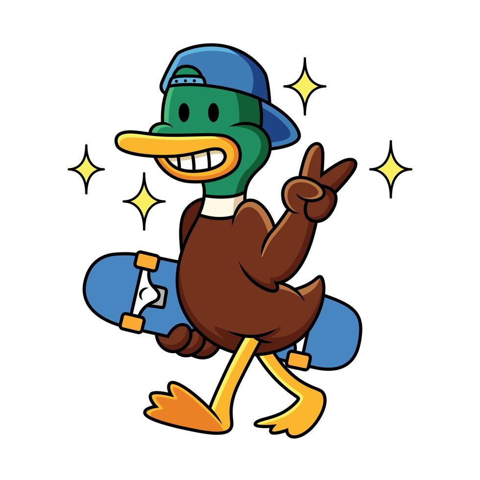 pato lindo con ilustración de vector de patineta con gran sonrisa.