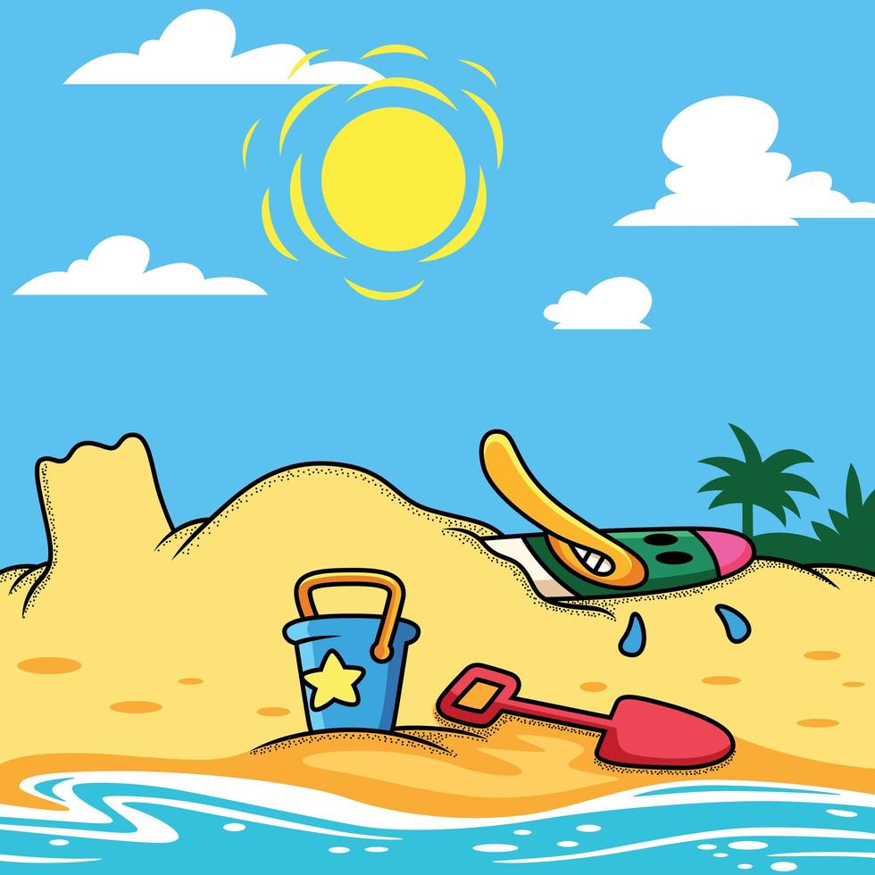 Duck relaxes on beach vector cartoon illustration.