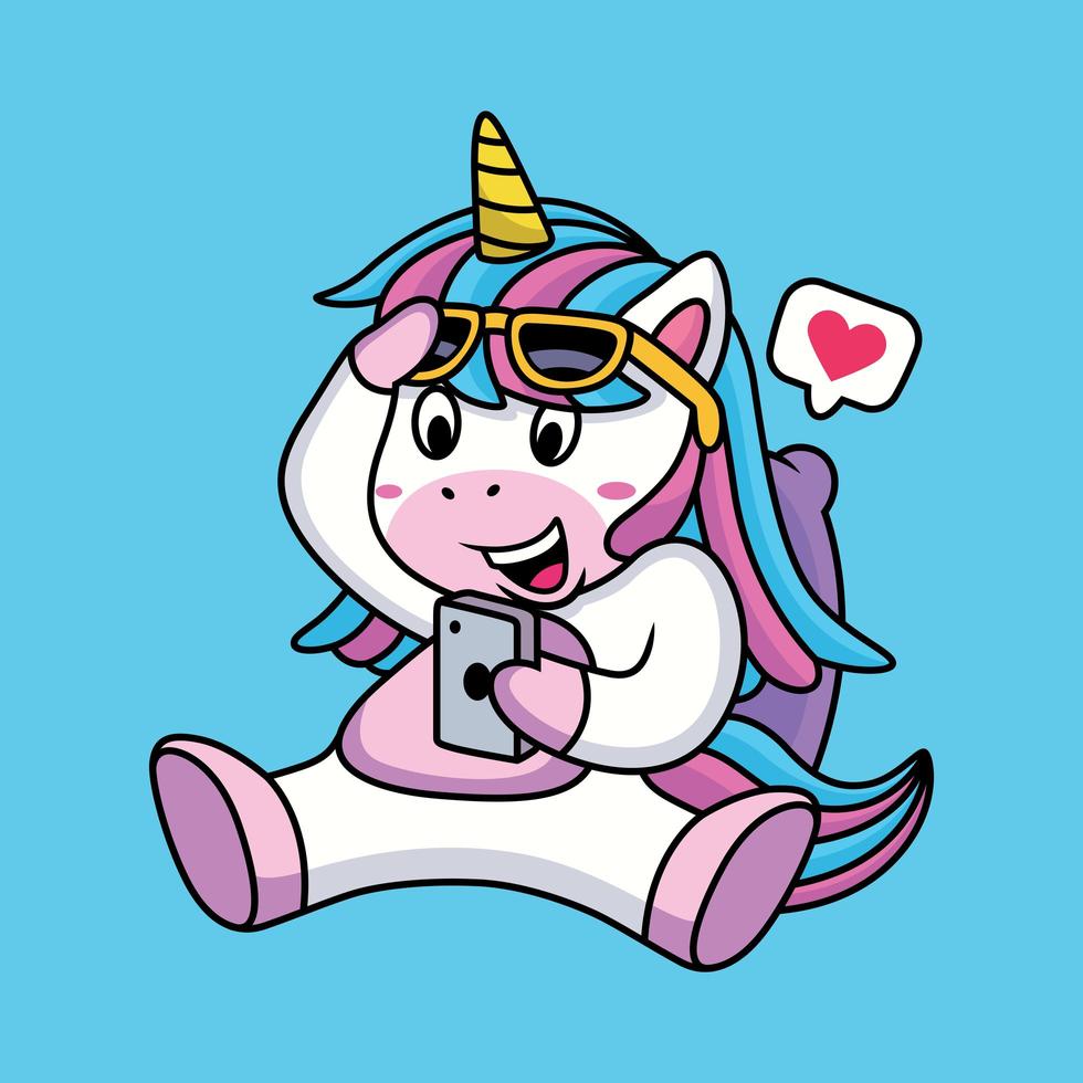 Cute Unicorn Playing with Phone with Heart Icon vector
