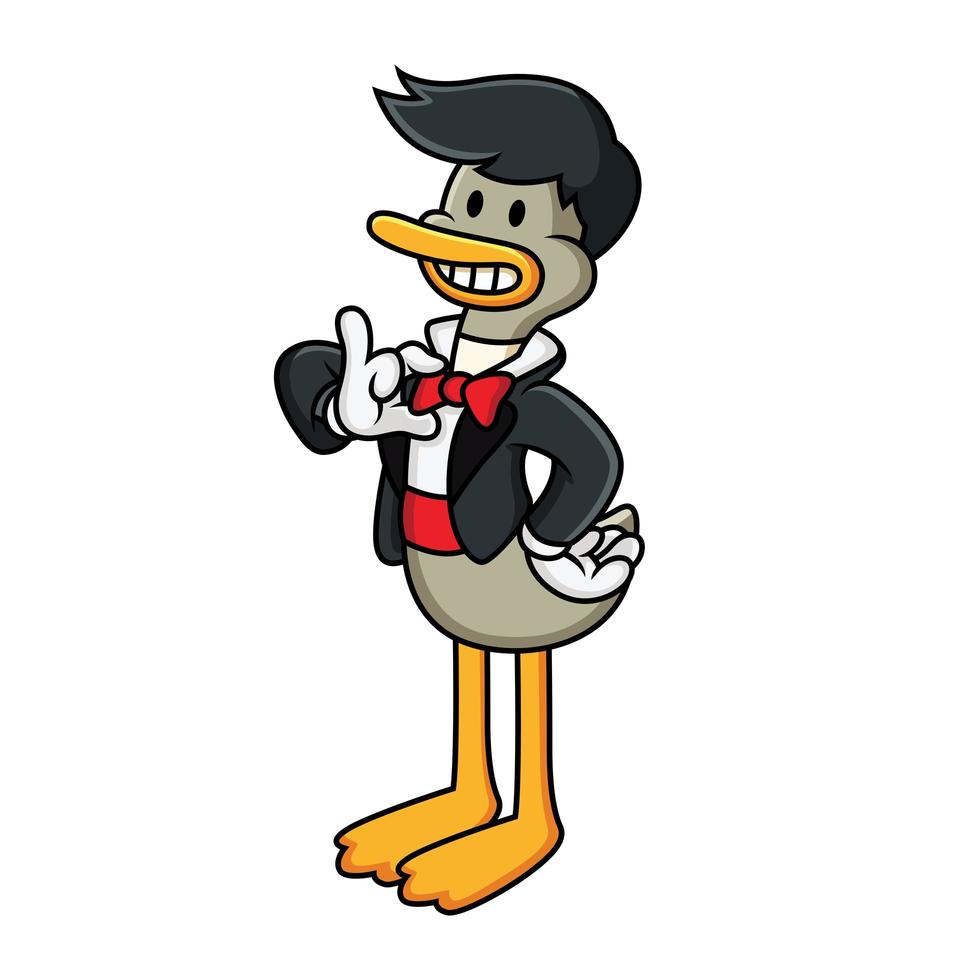 Cartoon illustration duck wears tuxedo with cute pose. Vector clip art illustration with simple gradients in white background.
