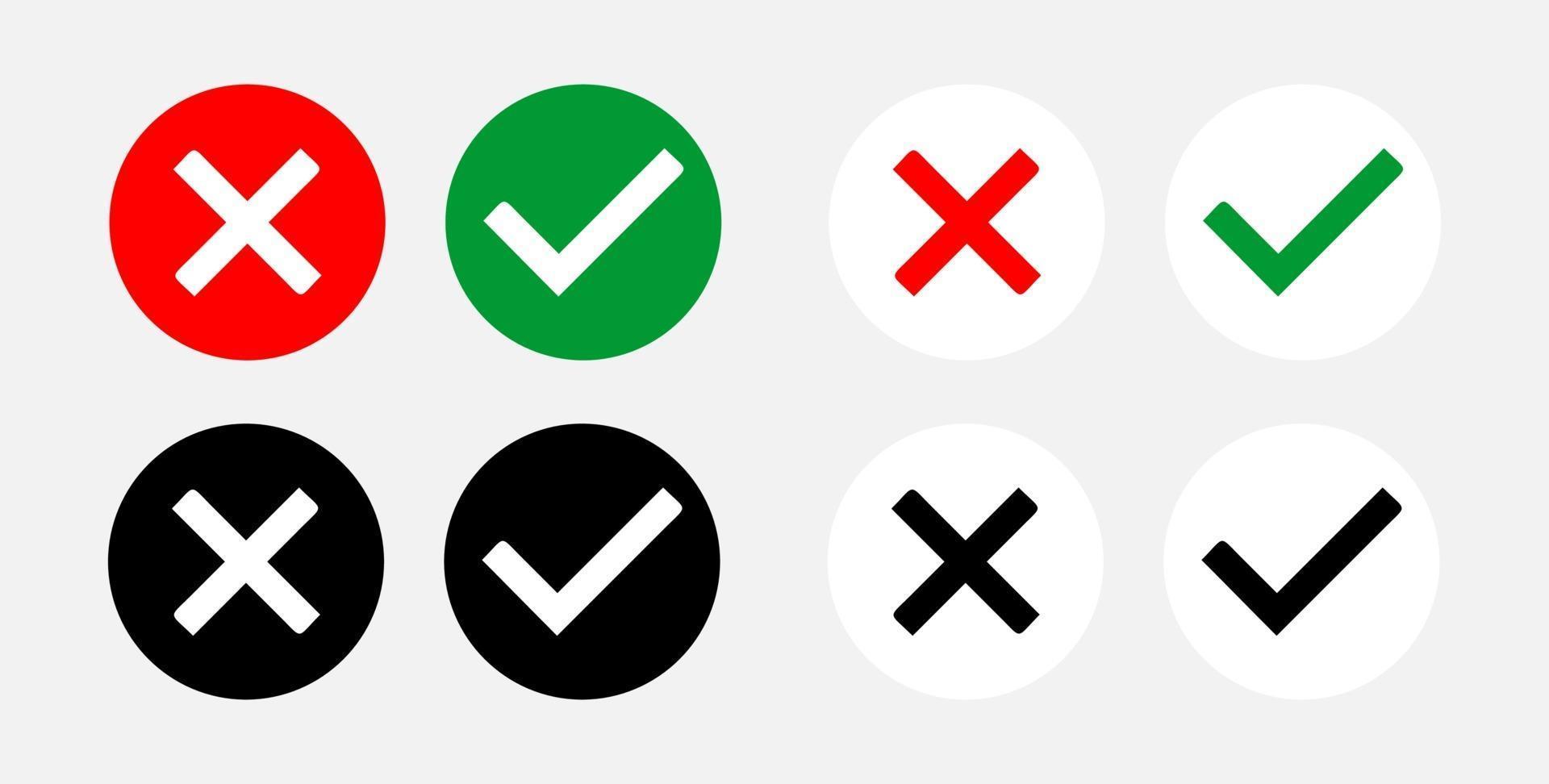 Set of Yes and No or Right and Wrong or Approved and Rejected Icons with Check Mark and Cross Symbols. Vector Image.