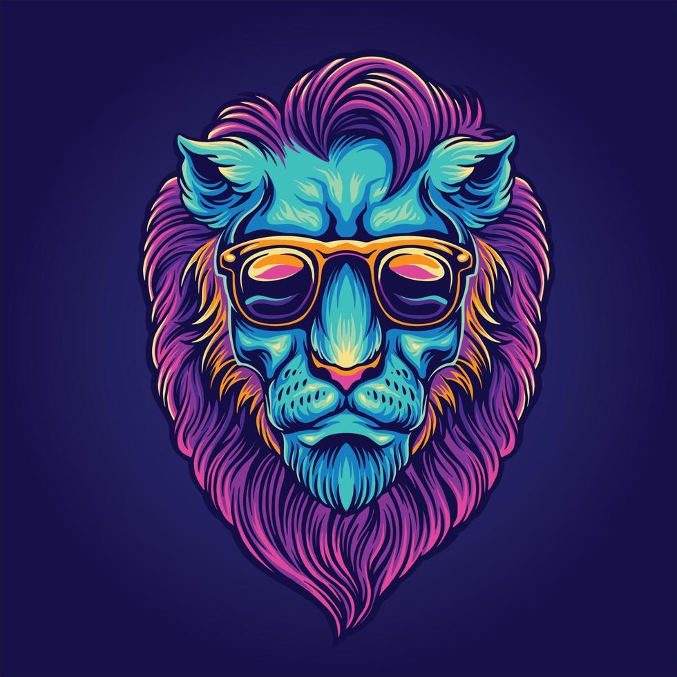 Retrato de cabeza de león psicodélico con gafas de sol vector