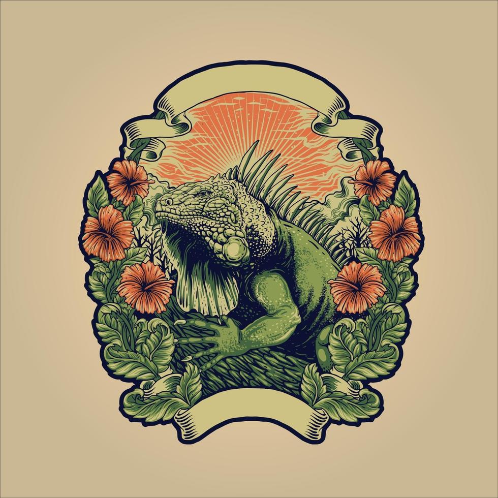 Green Iguana Huge Reptile Animal with Flower Frame and Ribbon vector