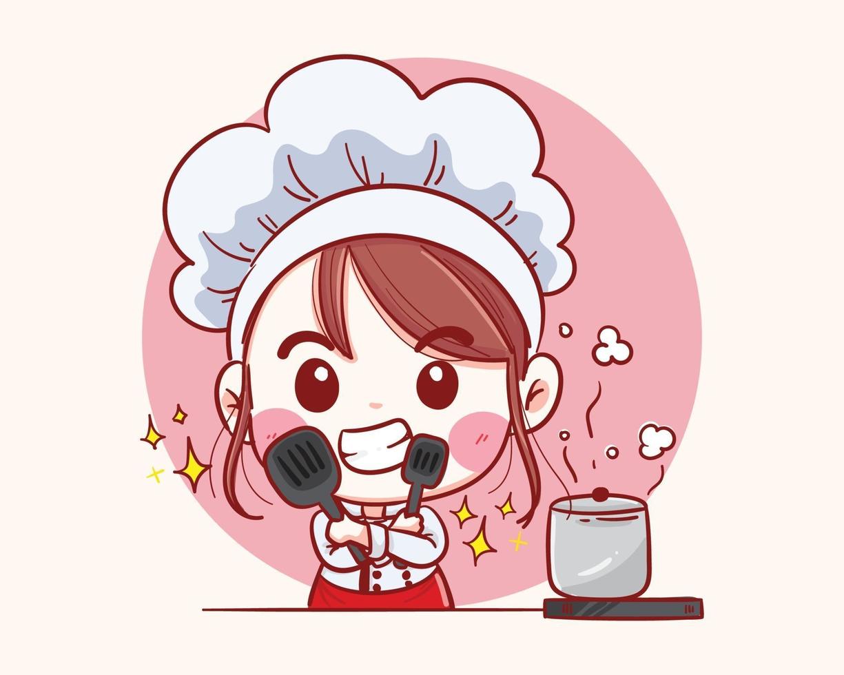 Smiling happy Female pastry chef. Woman chef is cooking. Hand drawn