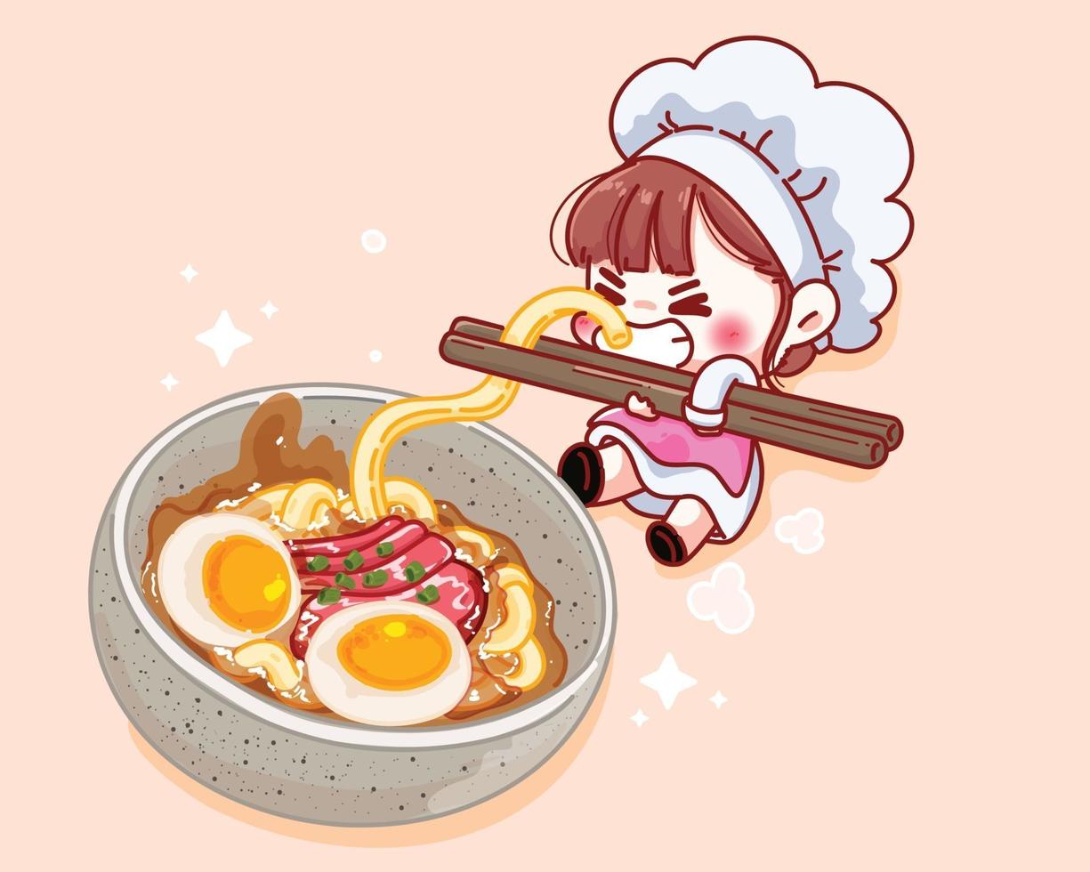 Cute chef holding chopsticks with noodles near the soup cartoon illustration vector