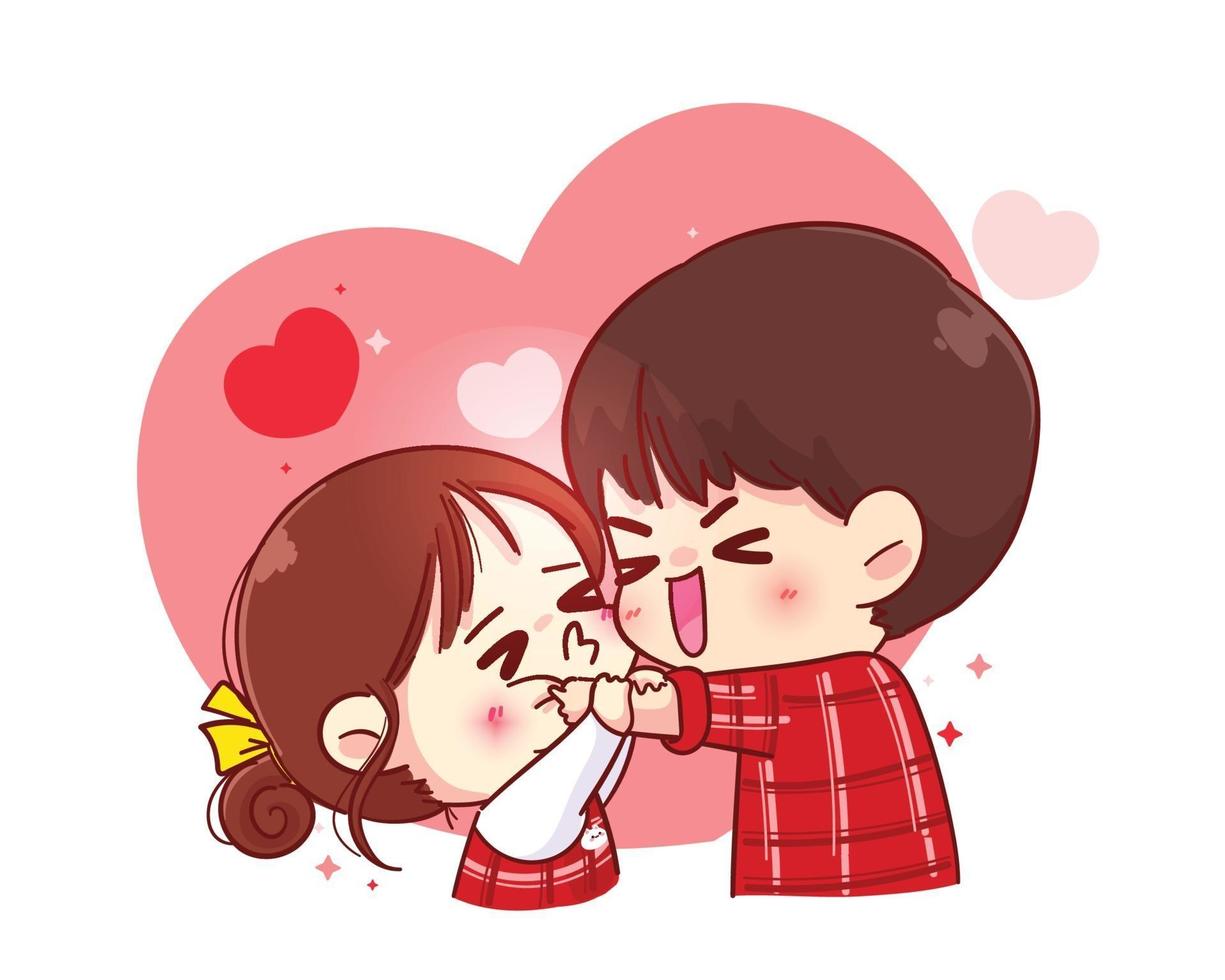 Cute girl kissing boy on cheek Happy valentine cartoon character illustration vector