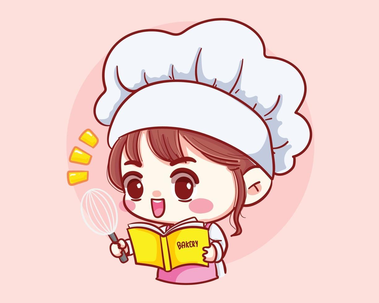 Cute Bakery chef girl Cooking and Working In Restaurant With Recipe Book  And Ladle Cartoon Character 1936372 Vector Art at Vecteezy