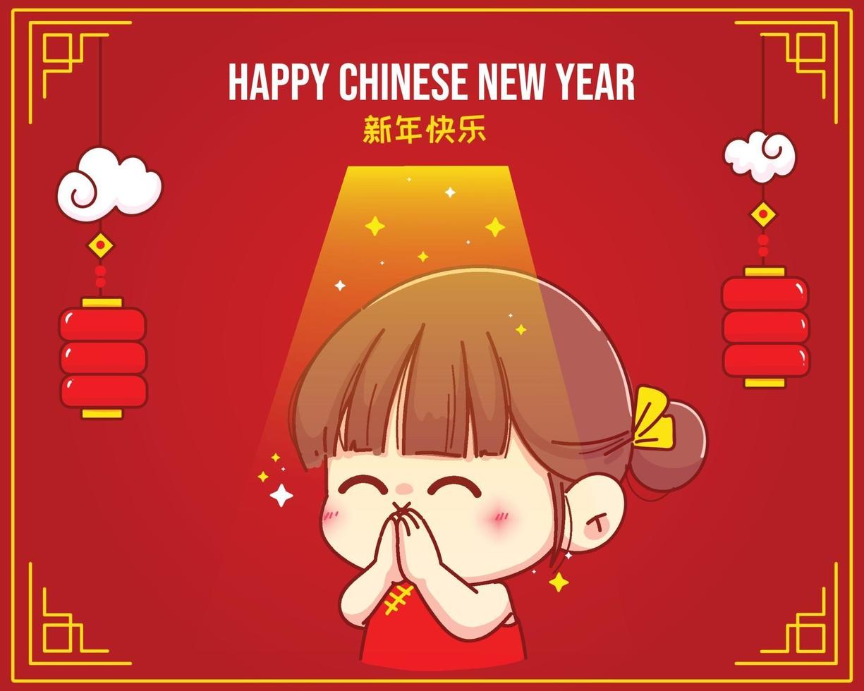 Cute girl Makes a wish on happy chinese new year cartoon character illustration vector