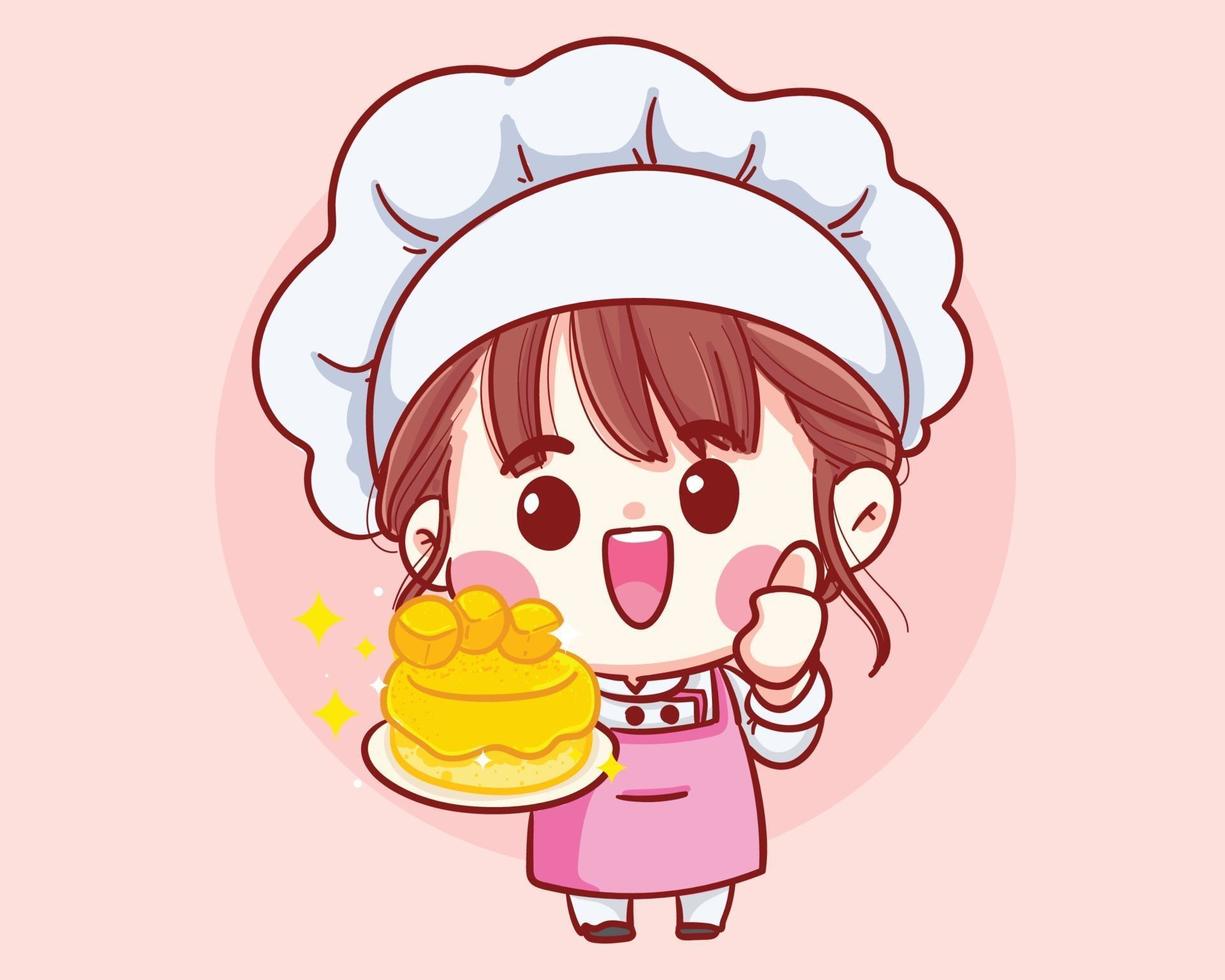 cocinero de niña sonriente cocinando, sosteniendo pastel, ilustración de arte de dibujos animados de panadería vector