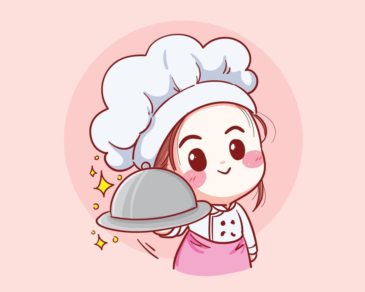 Chef chica sonriendo y cocinando con amor feliz en su cocina ilustración vectorial vector
