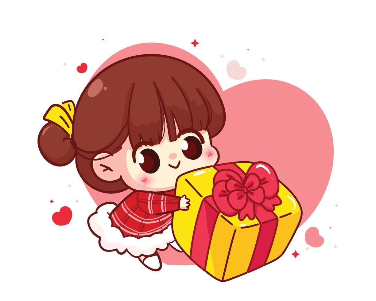 linda chica dando caja de regalo feliz San Valentín ilustración de personaje de dibujos animados vector