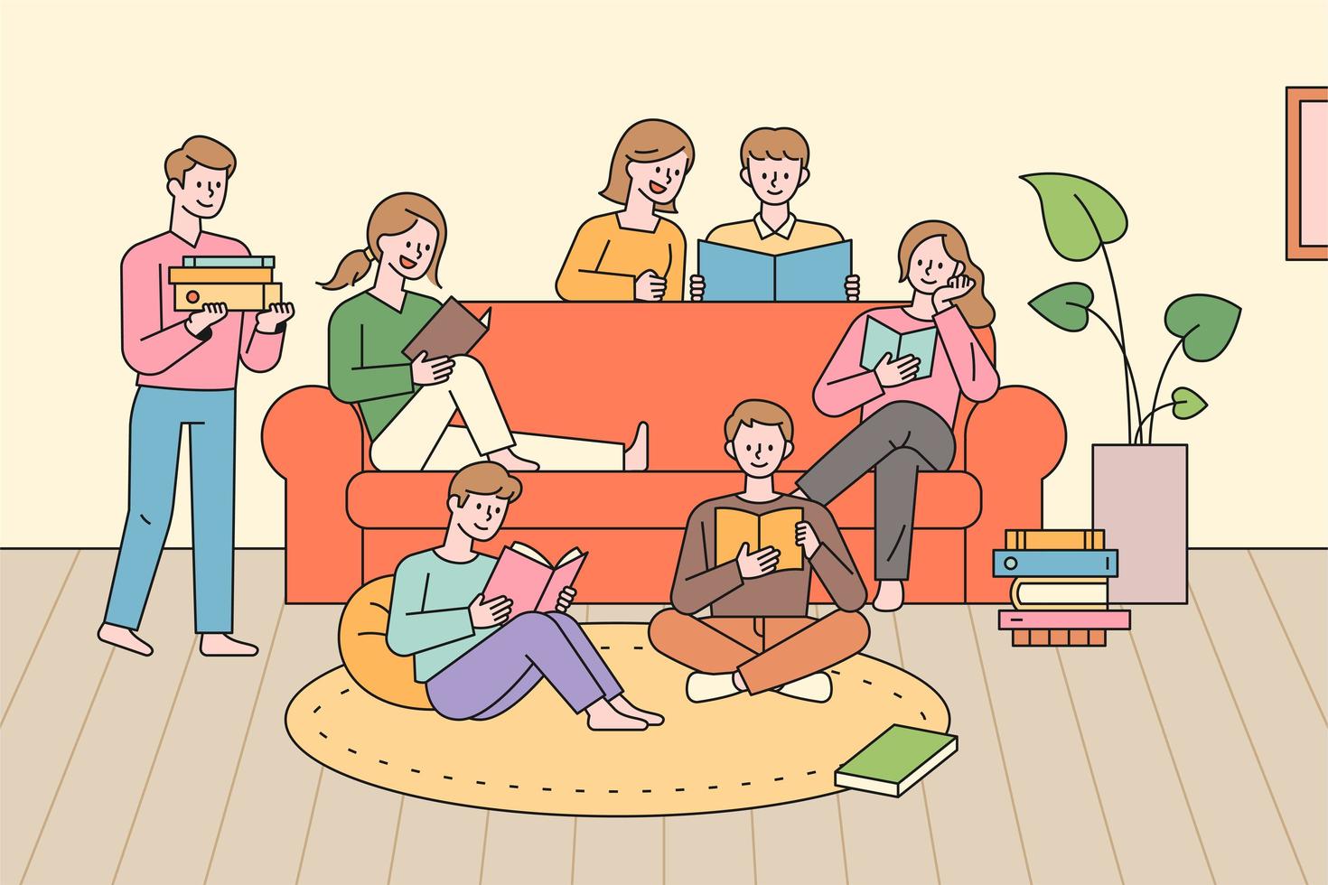 People in a group reading a book. vector