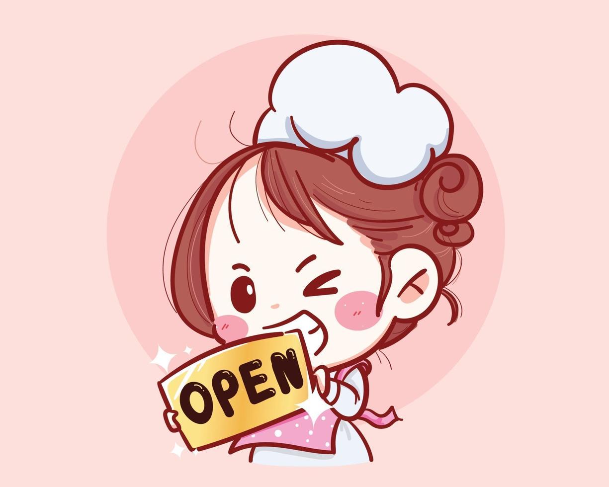 Chef mujer mantenga abierto cartel en la parte delantera de la tienda dibujado a mano ilustración vectorial vector