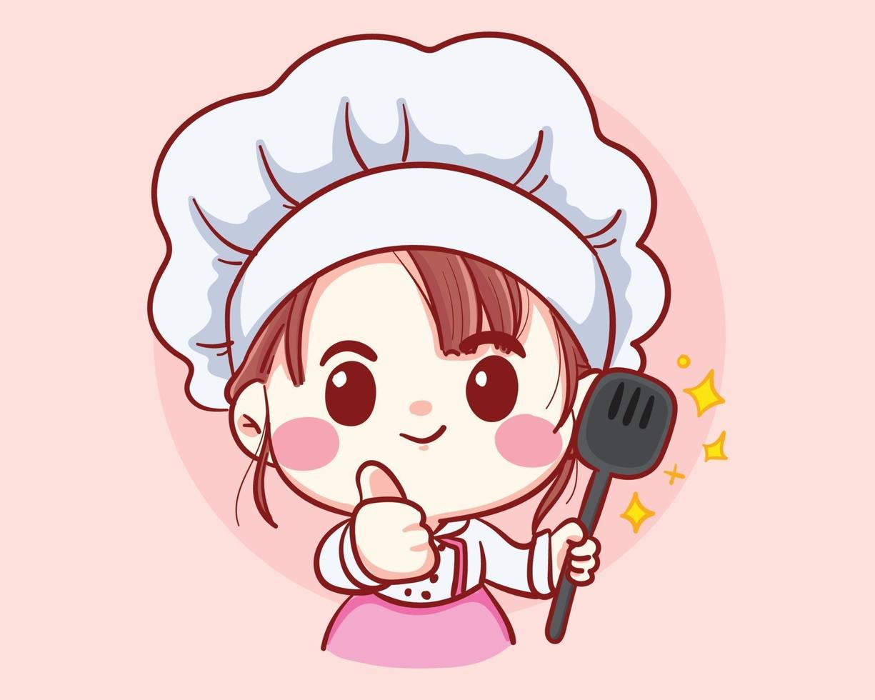 Professional girl Chef With ladle In Hands Bakery cartoon art illustration vector