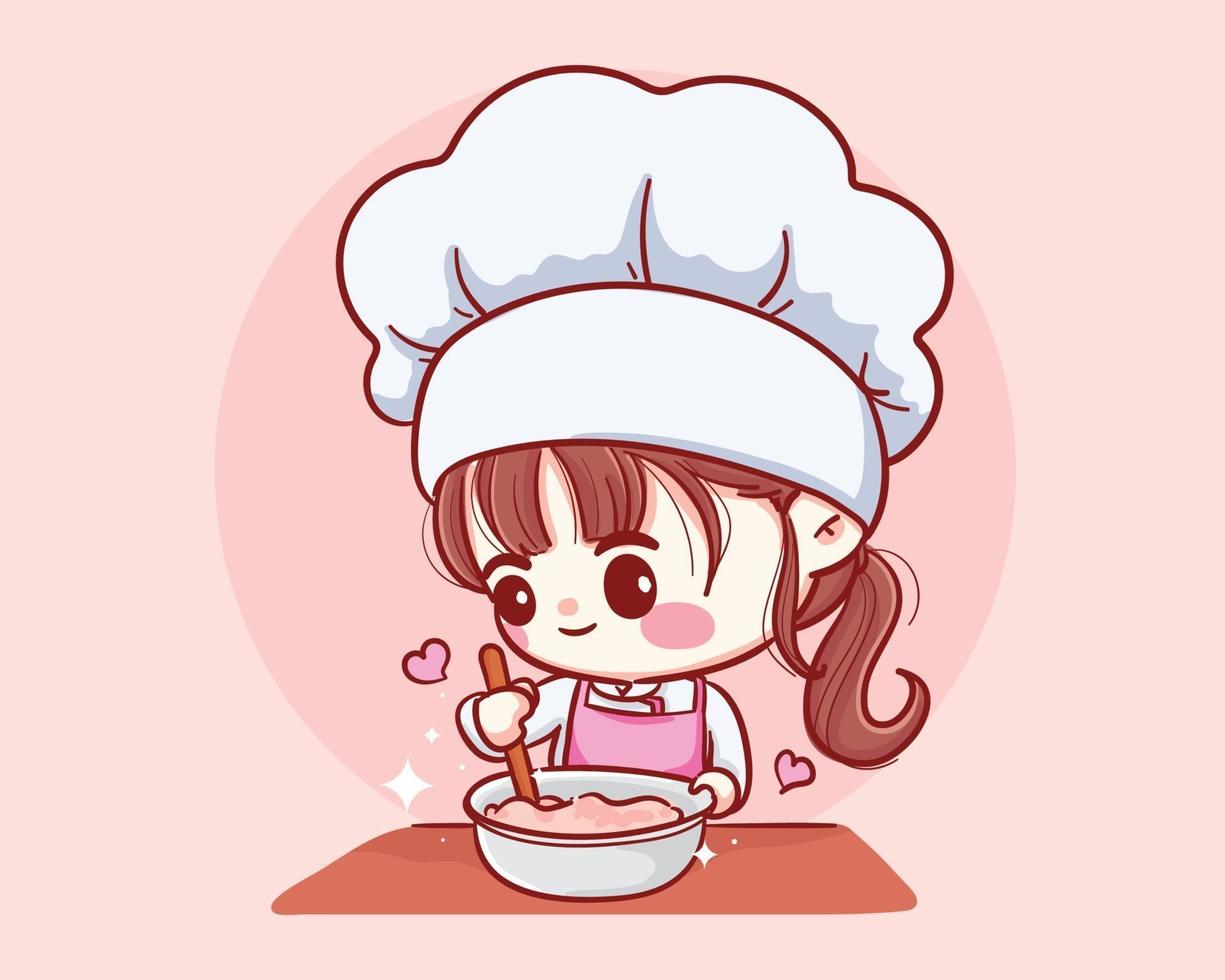 linda panadería chef niña cocinando sonriente ilustración de arte de dibujos animados vector