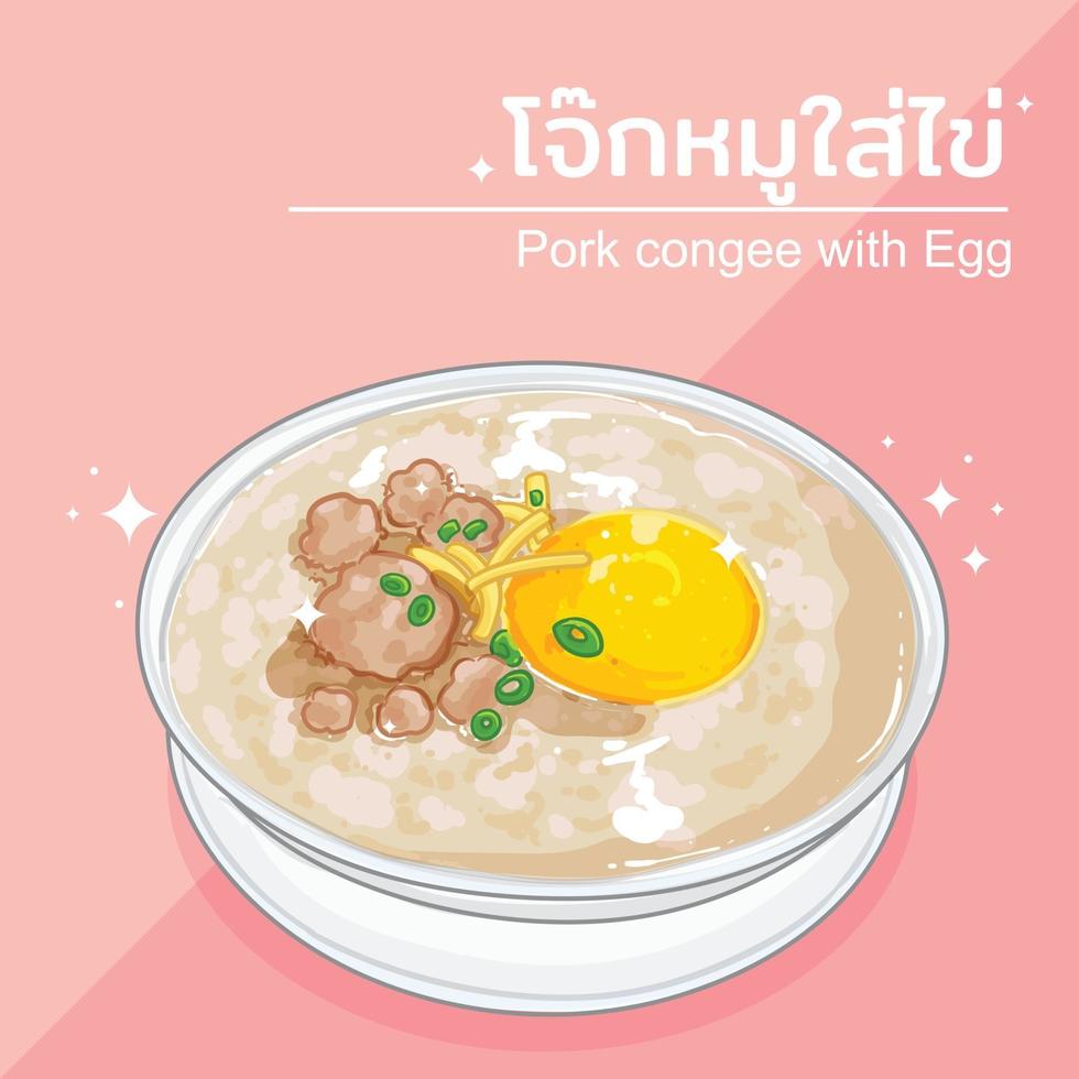 Congee with Eggs and minced pork Thai breakfast.  Hand drawn vector illustration