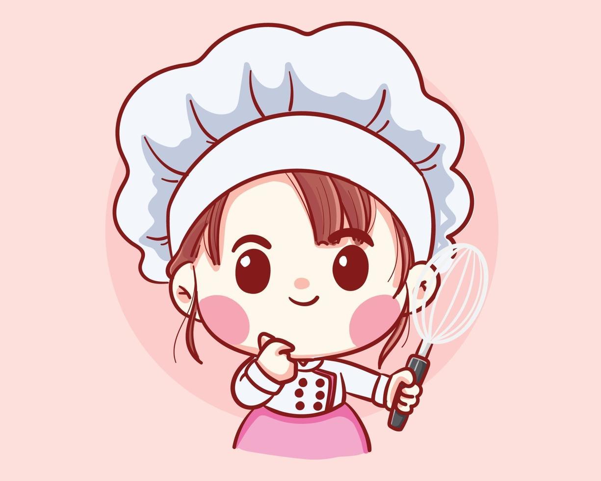 lindo, panadería, chef, niña, tenencia, batidor, caricatura, vector, arte, ilustración vector