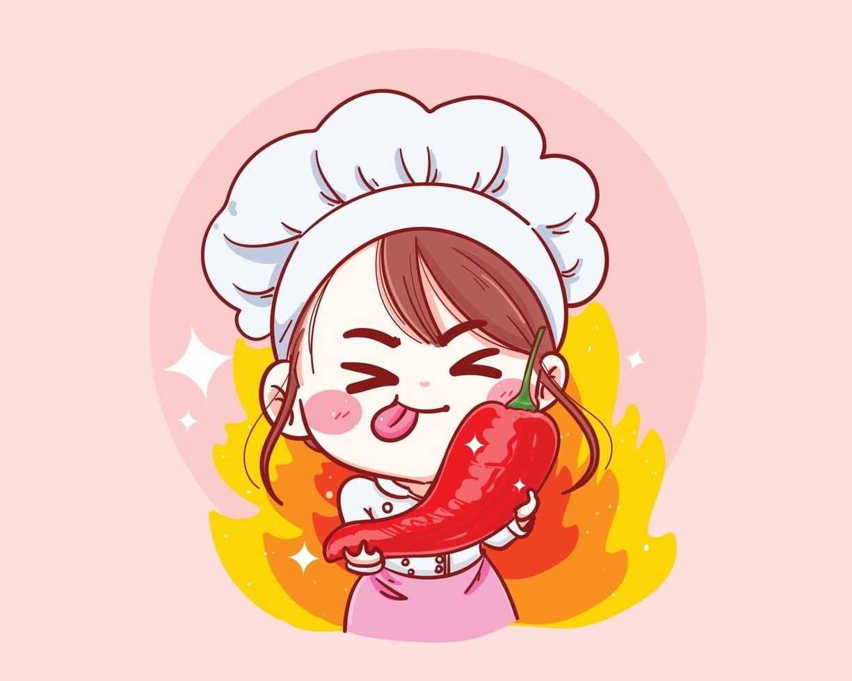 chef mujer sosteniendo chili dibujos animados dibujados a mano ilustración vectorial vector