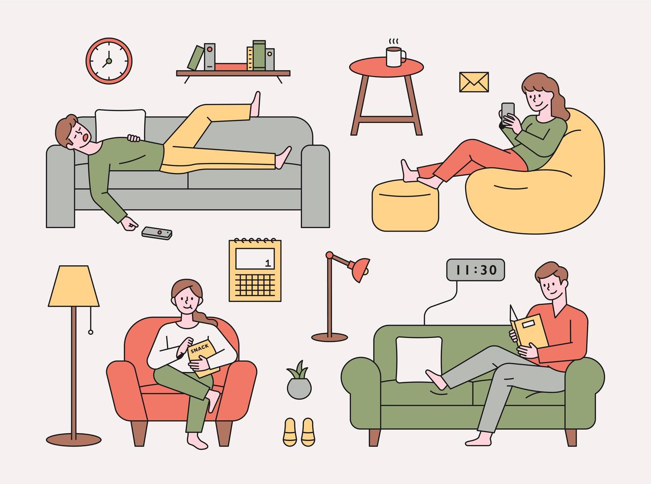 People are resting on various types of sofas. vector