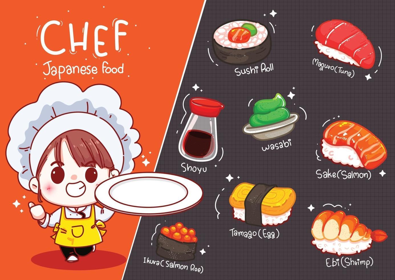 Cute chef holds plate with sushi, japanese food cartoon hand draw illustration vector