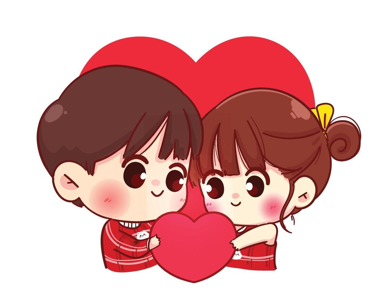 pareja de enamorados sosteniendo corazón rojo juntos ilustración de personaje de dibujos animados de feliz día de San Valentín vector