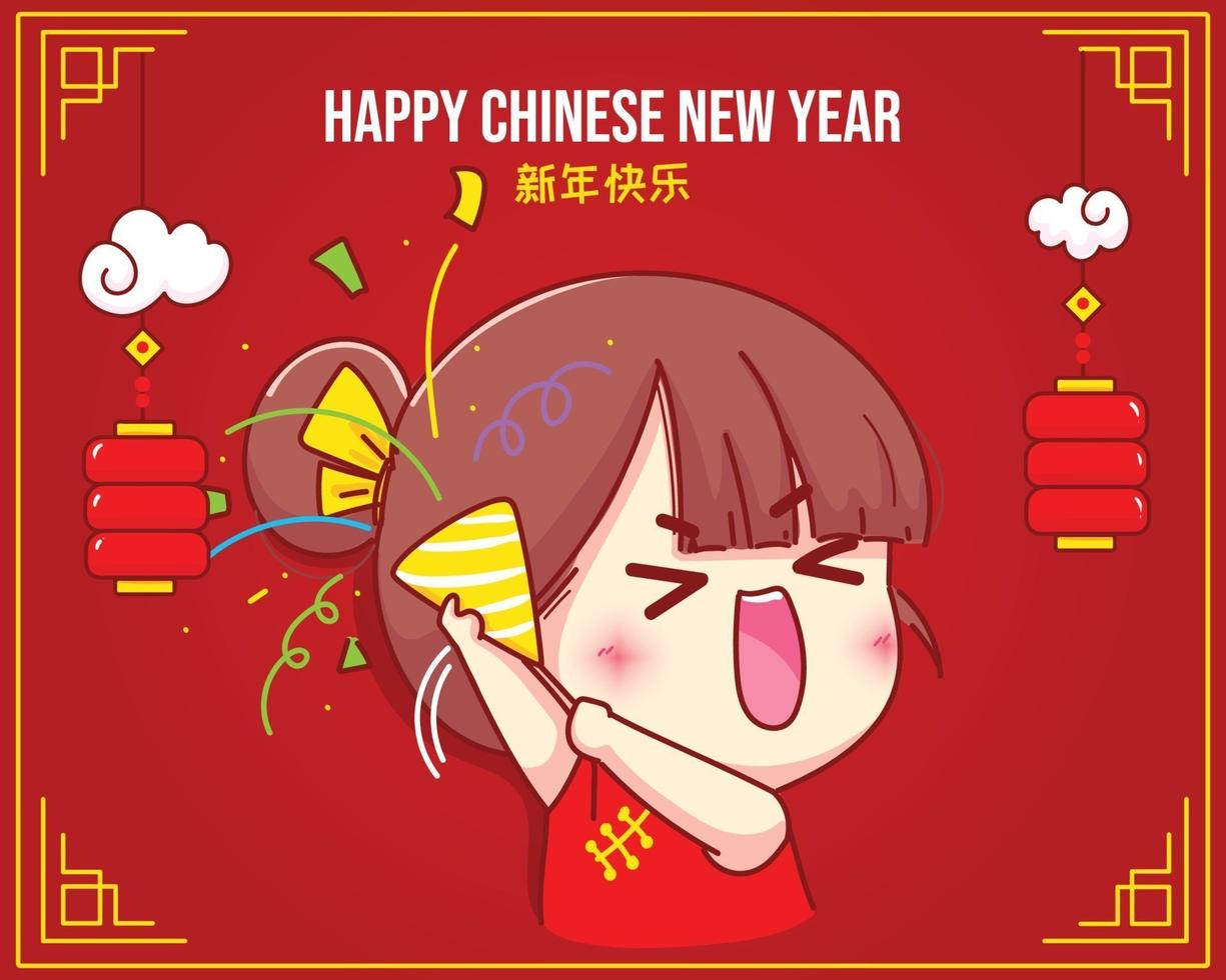 Cute girl holding poppers with confetti chinese new year celebration cartoon character illustration vector