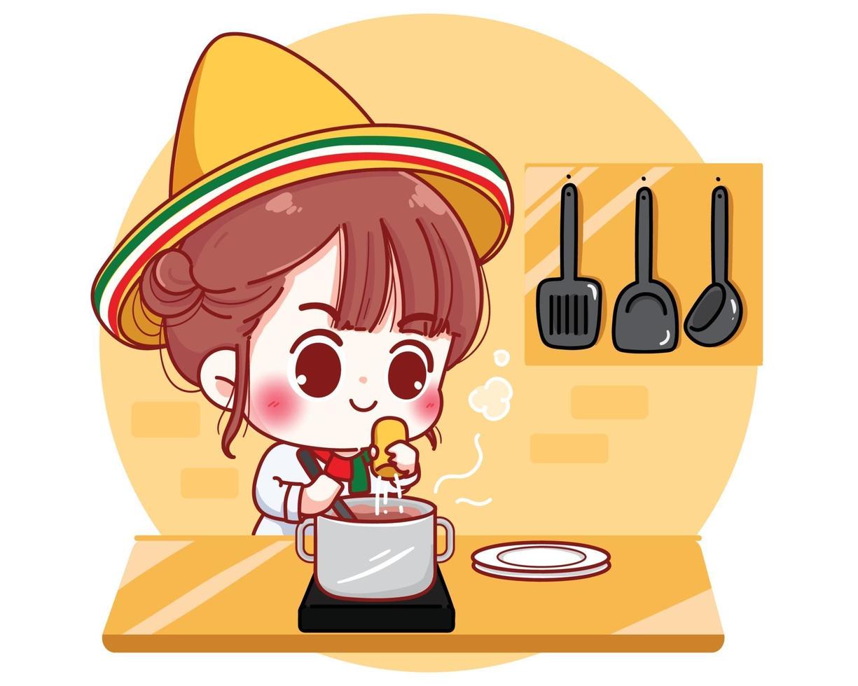 Cute chef cooking in kitchen at home in Mexico cartoon character illustration vector