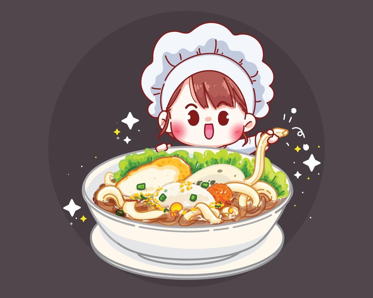 sopa de fideos de pescado con bolas de pescado ilustración de dibujos animados vector