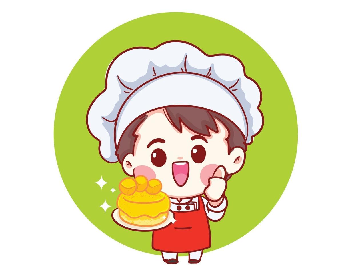 Smiling chefs cooking, holding cake, Bakery cartoon art illustration vector