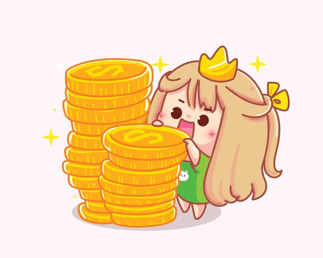 Girl with coins cartoon illustration vector