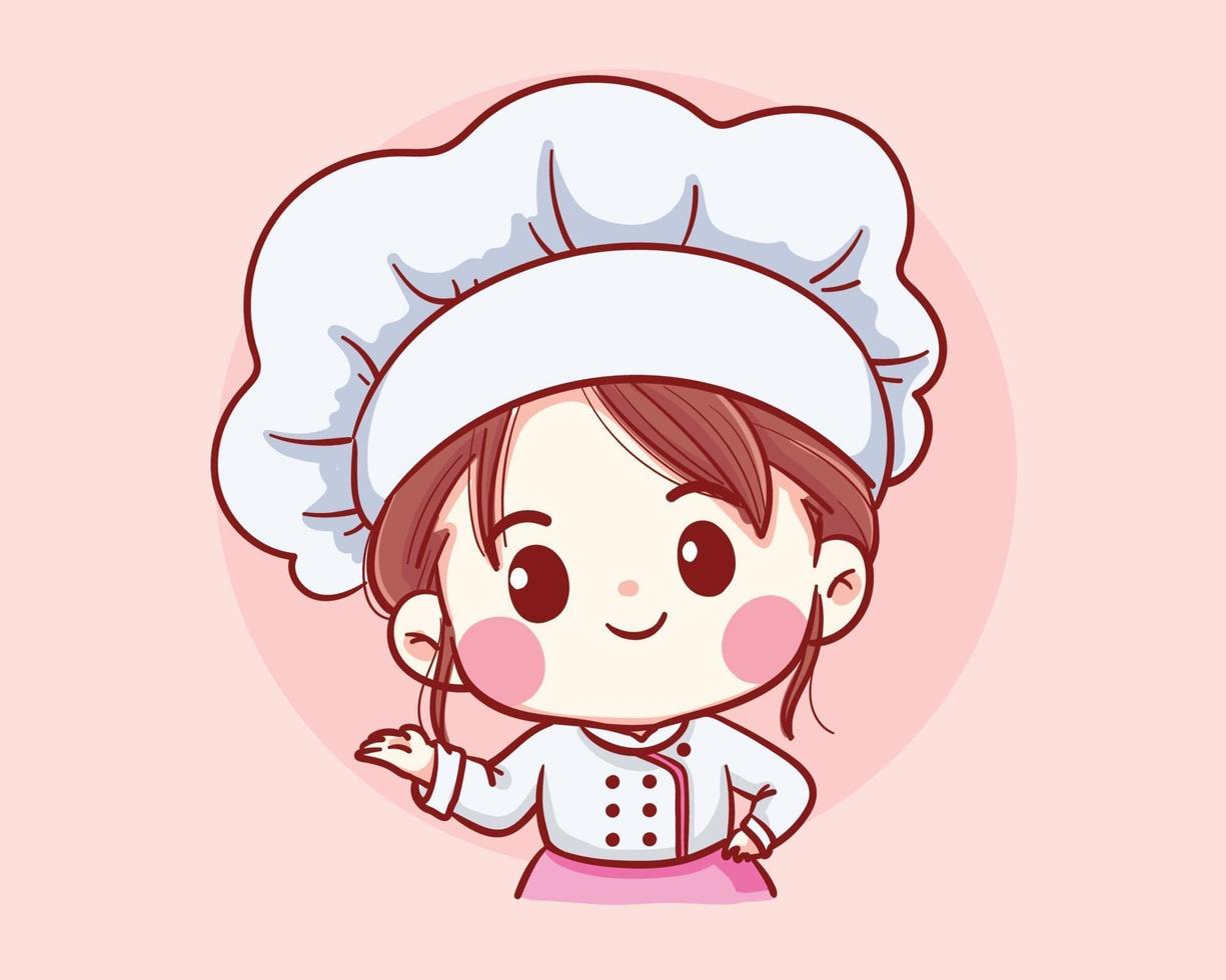 linda panadería chef niña bienvenida sonriente ilustración de arte de dibujos animados vector