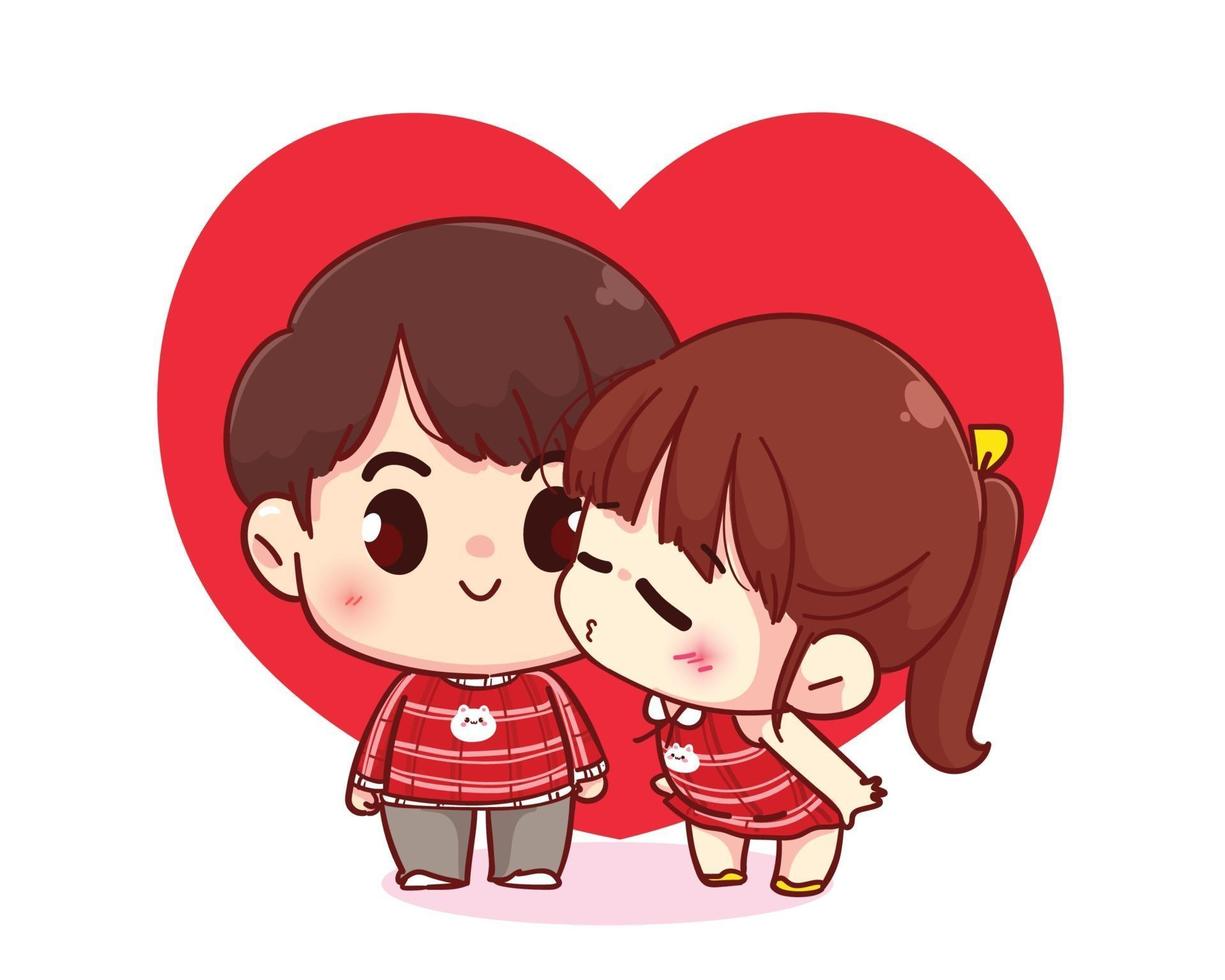 linda chica besando a su novio feliz San Valentín ilustración de personaje de dibujos animados vector