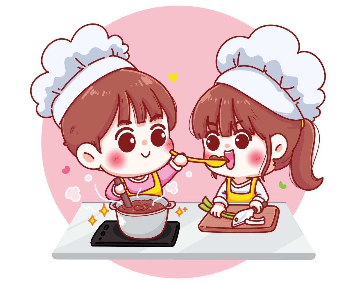 Couples cook in the kitchen cartoon character illustration vector