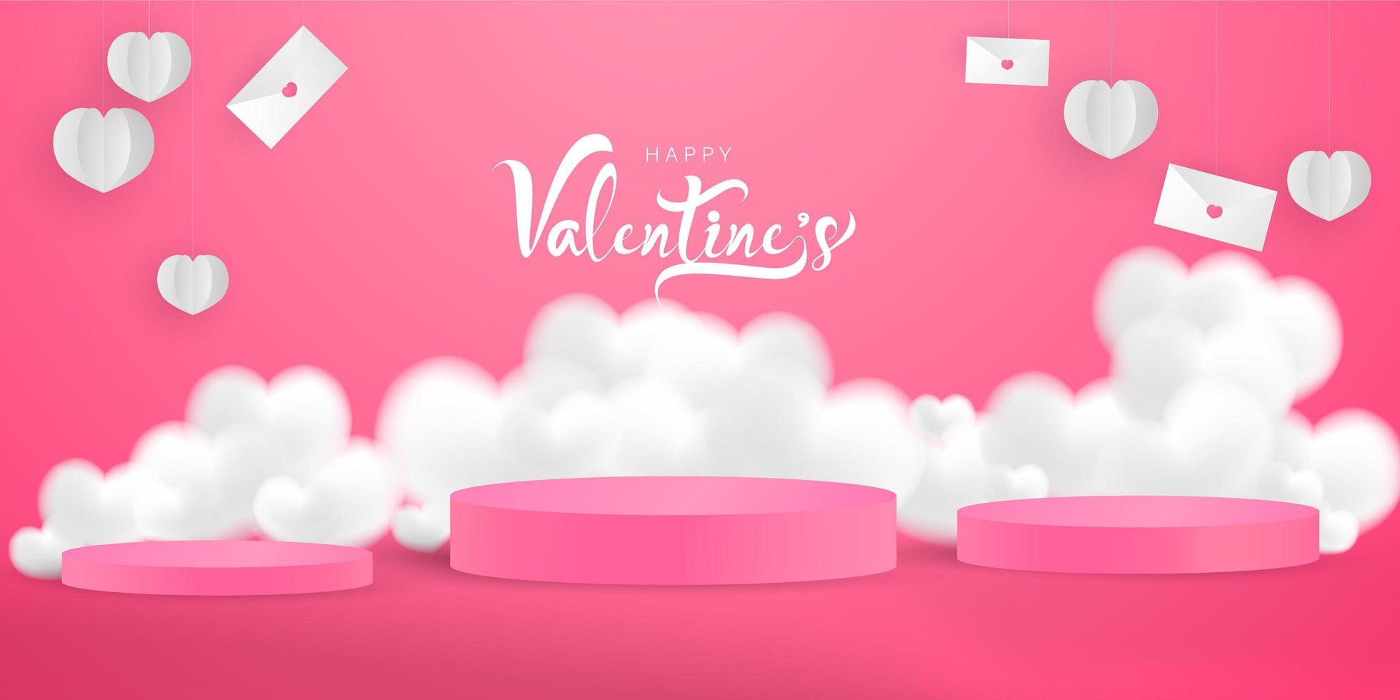 Valentine's day, banner template. Podiums, letters and hearts vector