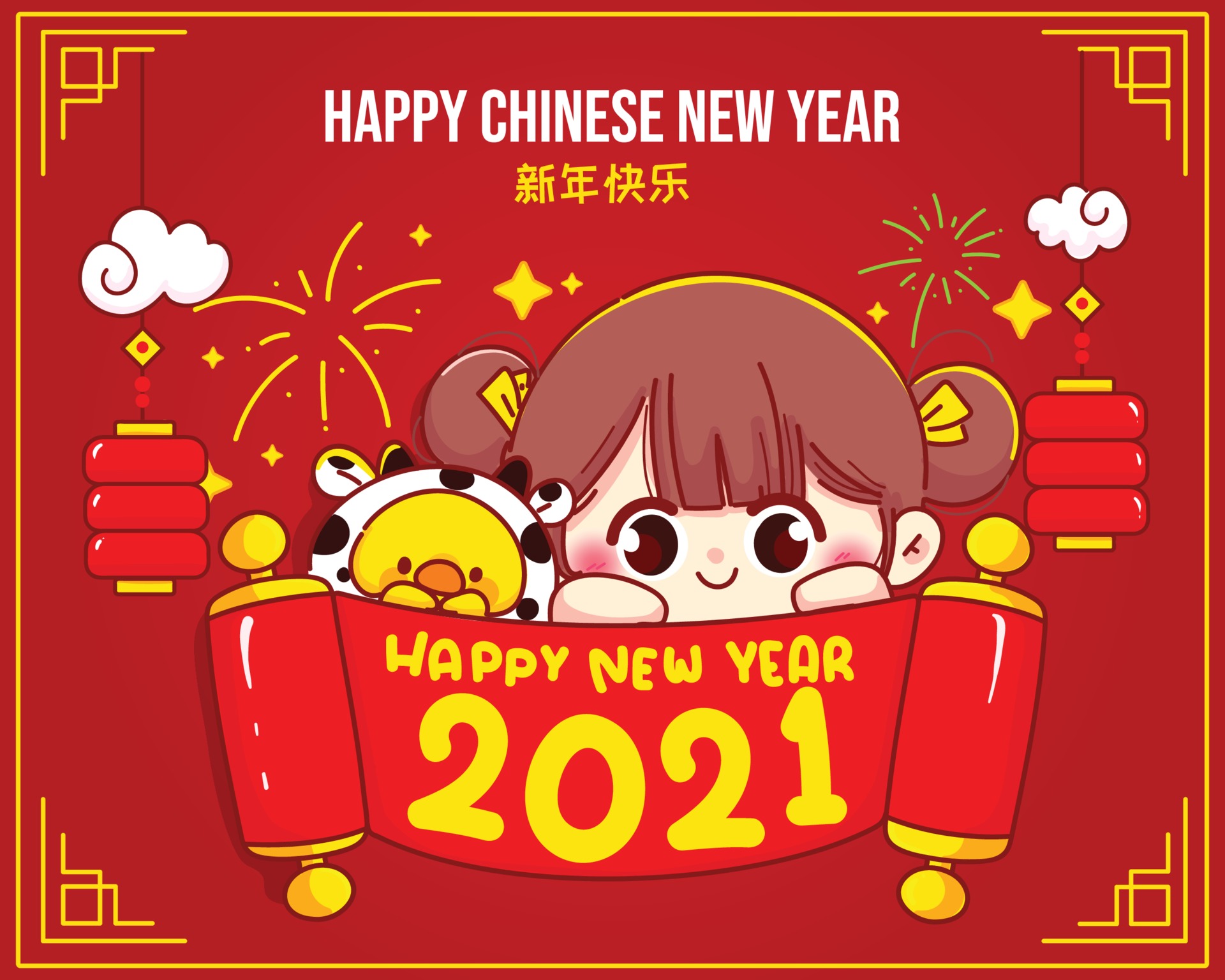 Cute girl happy chinese new year celebration cartoon character illustration  1936559 Vector Art at Vecteezy
