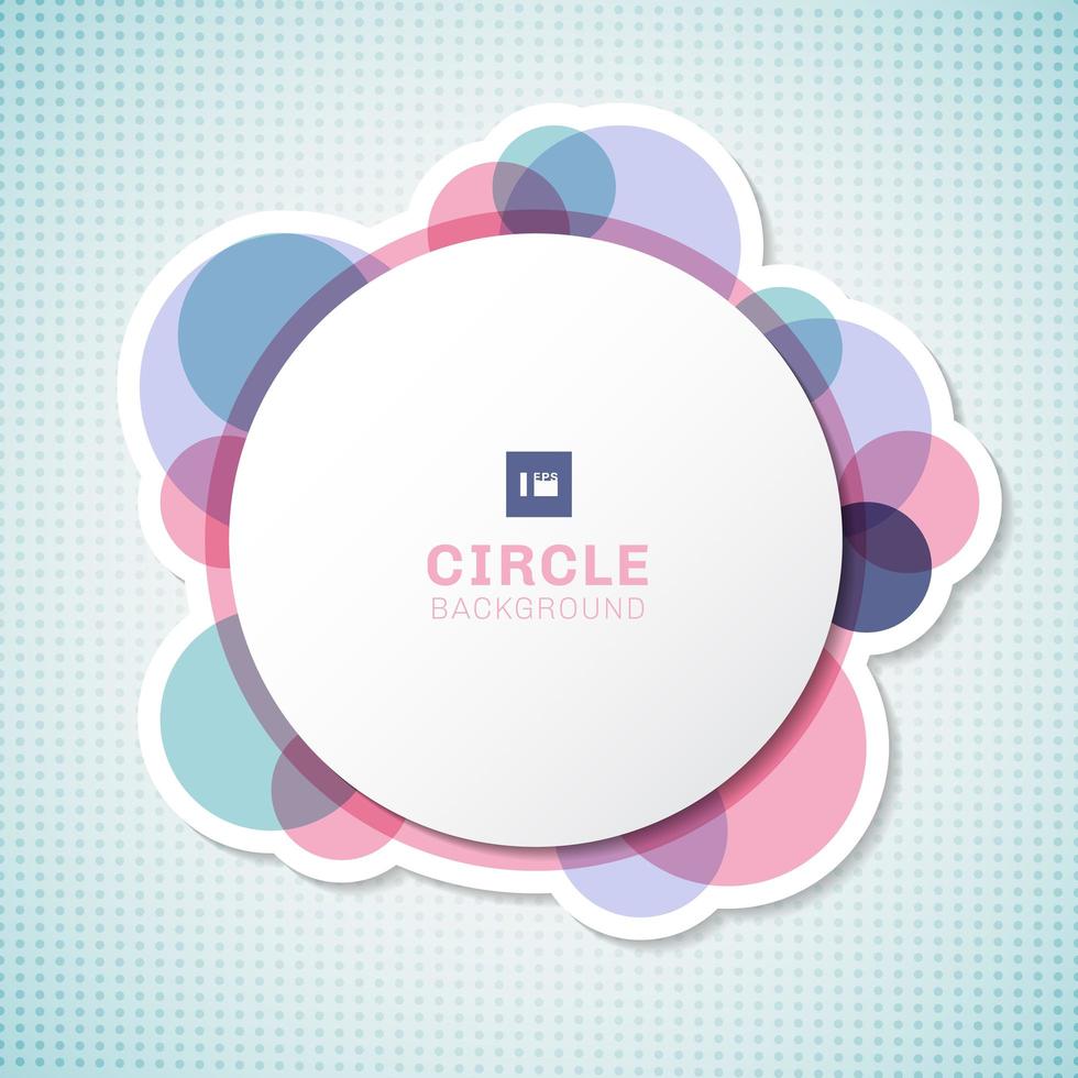 Banner white circle round label with pastel circles elements overlapping on blue background. vector