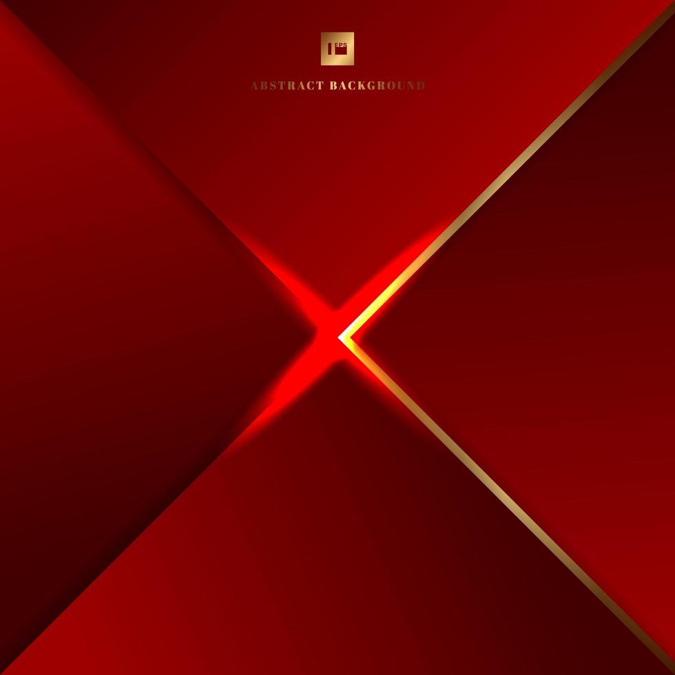 Abstract background red geometric triangles and golden border with lighting effect. vector