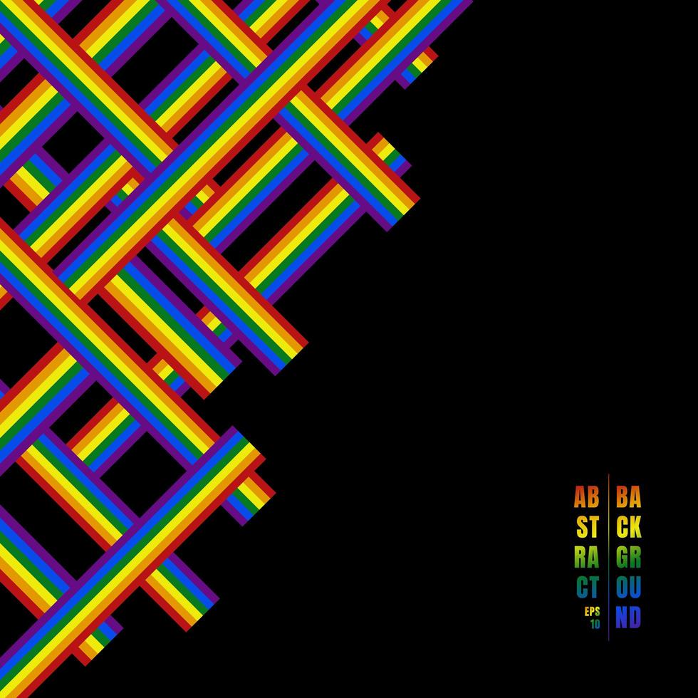 Abstract geometric lines pattern rainbow stripe overlapping on black background. vector