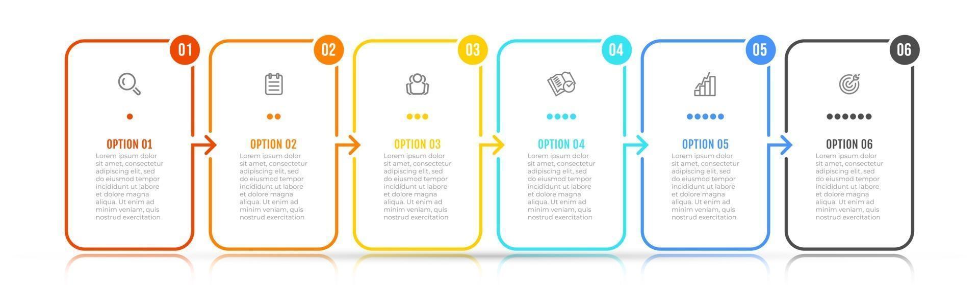 elementos de infografía vectorial etiqueta de diseño de línea fina con iconos. concepto de negocio con 6 opciones, pasos. se puede utilizar para diagrama de flujo de trabajo, gráfico de información, gráfico. vector