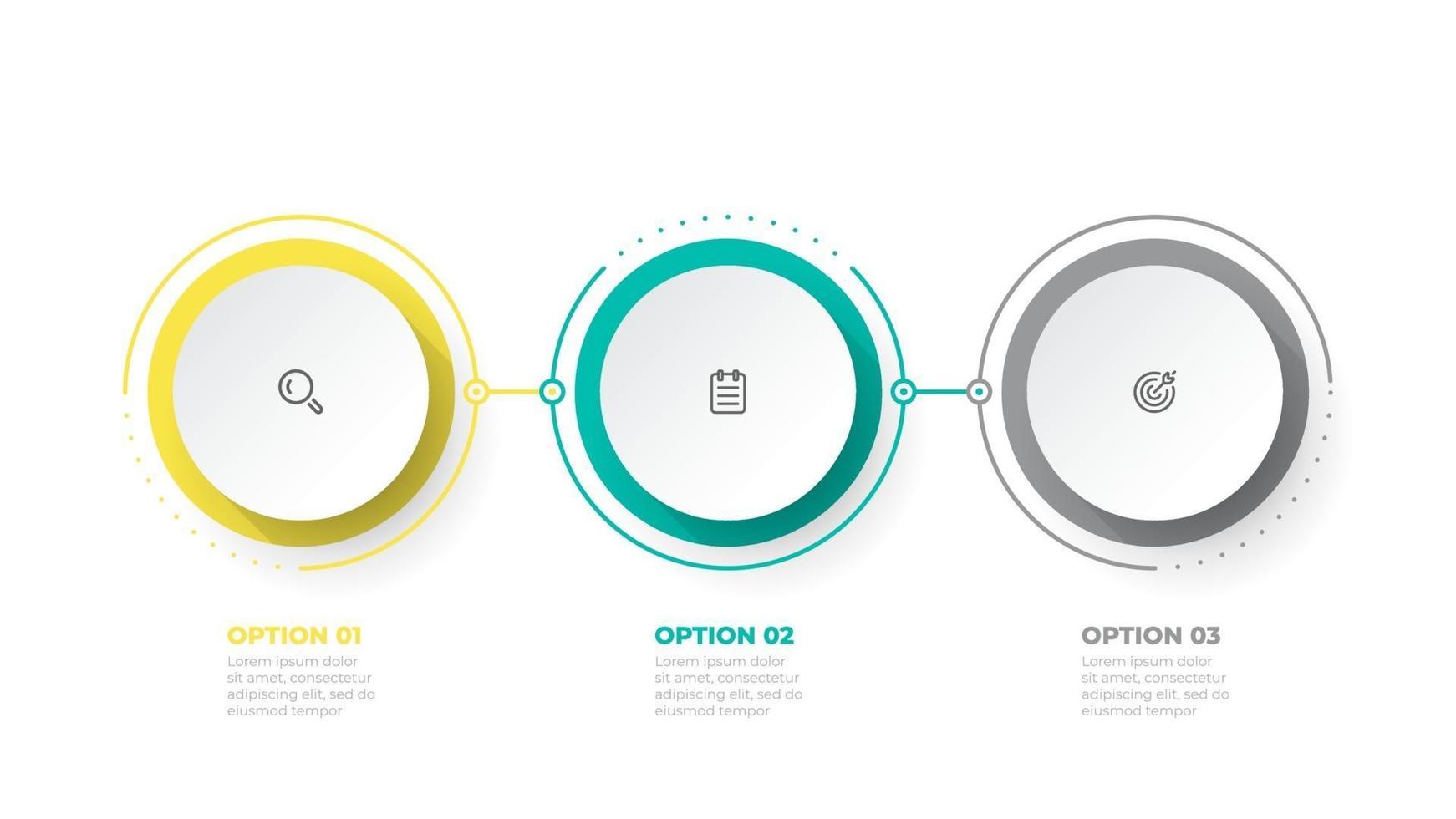 elemento de diseño infográfico de línea de tiempo e iconos de marketing. concepto de negocio con 3 opciones, pasos. se puede utilizar para el diseño de flujo de trabajo, diagrama de negocios, informe anual, diseño web. vector