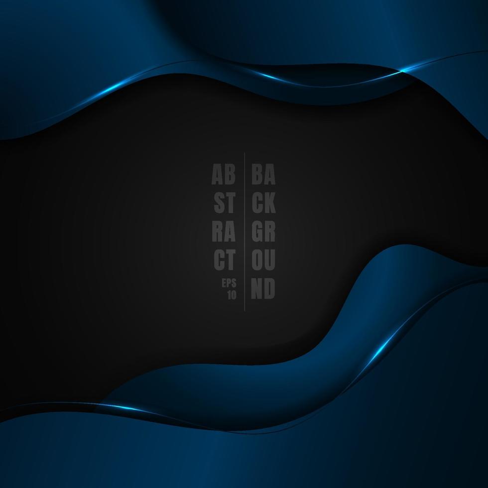 Abstract blue metallic wave shape with lighting effect on black background space for your text. vector