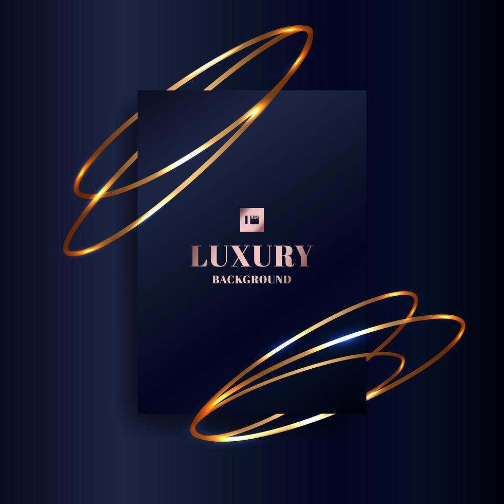 Abstract template blue paper with golden glowing shiny spiral lines effect on dark background. vector