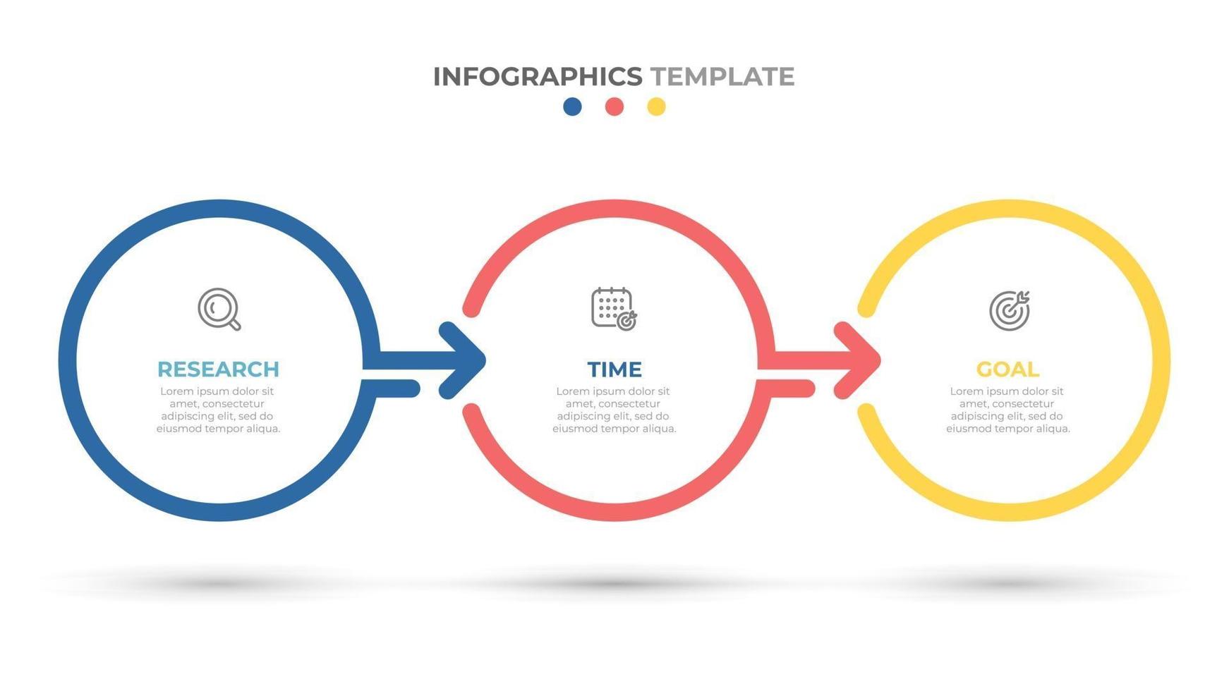 Diseño de etiquetas de círculos de infografía empresarial con flechas. línea de tiempo con 3 opciones, pasos, psrts. ilustración vectorial. vector