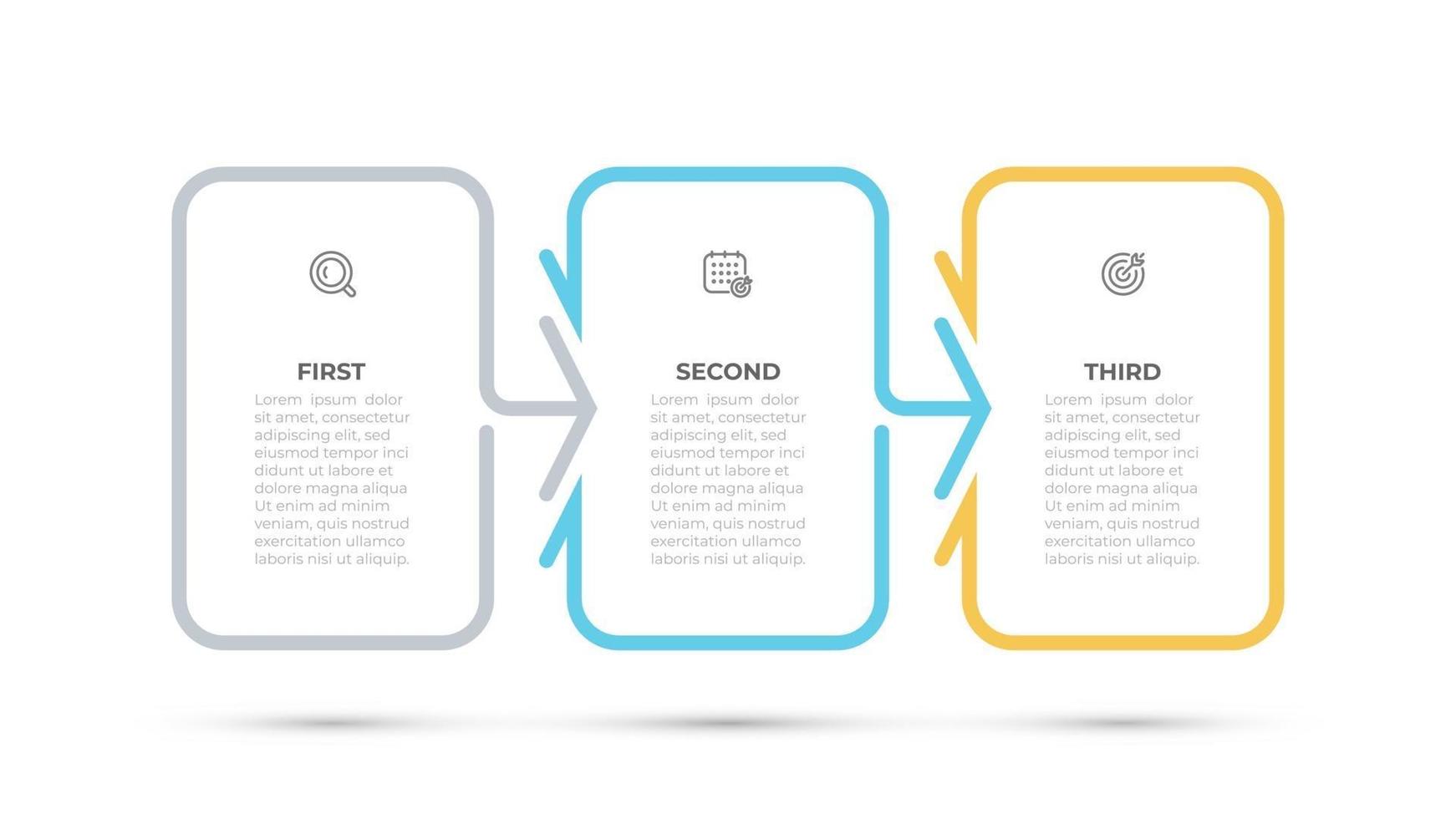 Business infographic template design element with arrow and icons. Timeline with 3 options or steps. Vector illustration.