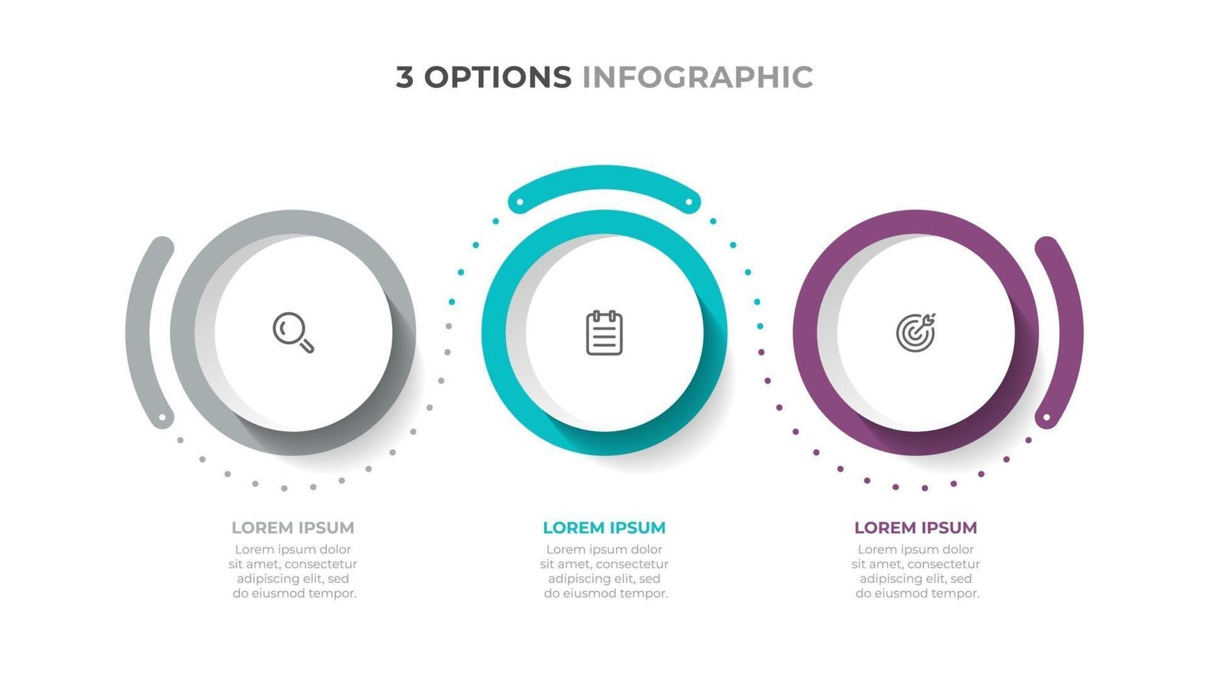 Colorful infographic elements. Timeline processes with marketing iocns and 3 options. Vector template.